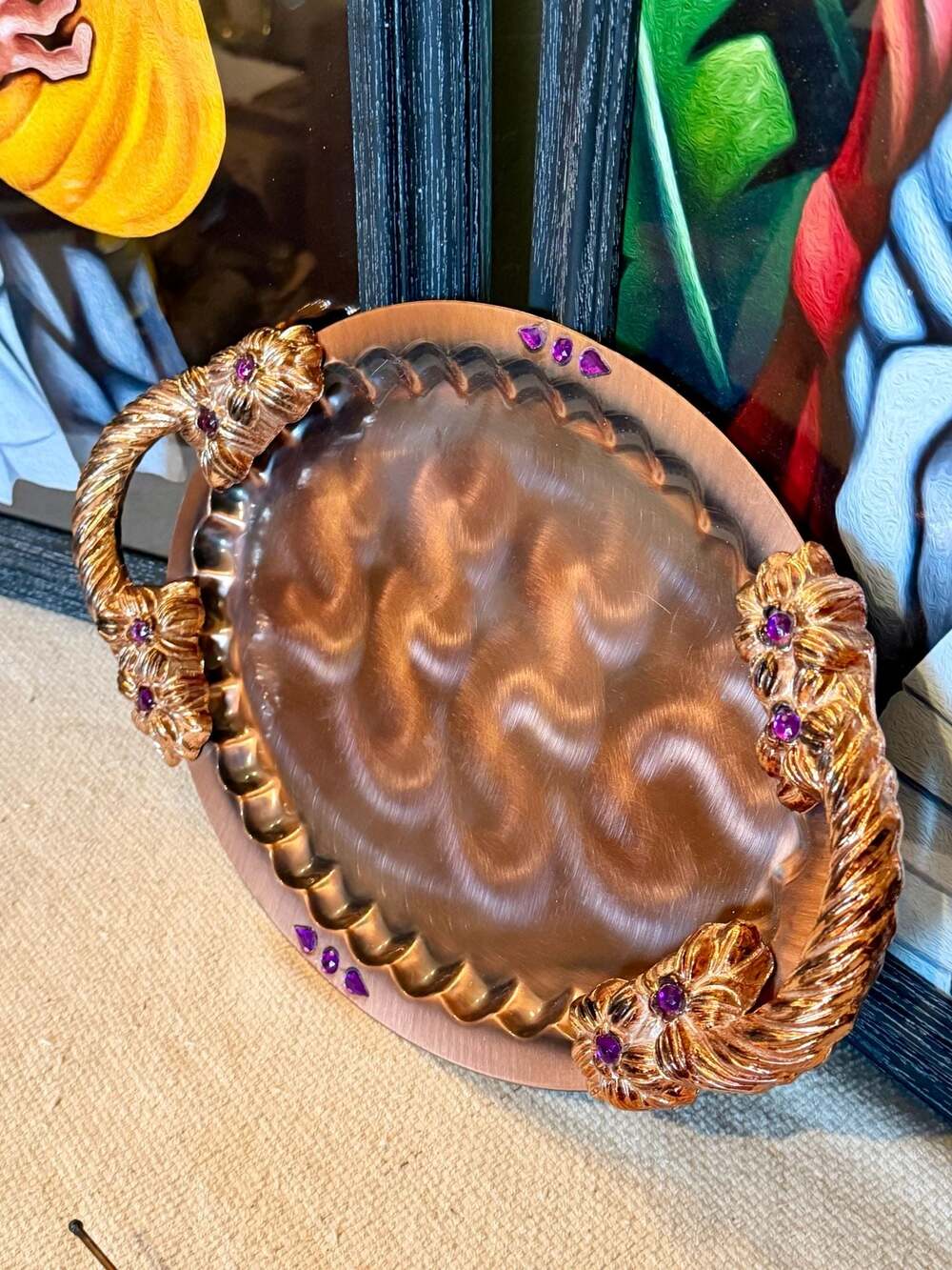 Vintage Oval Decorative Copper Serving Tray with Purple Gem Accents